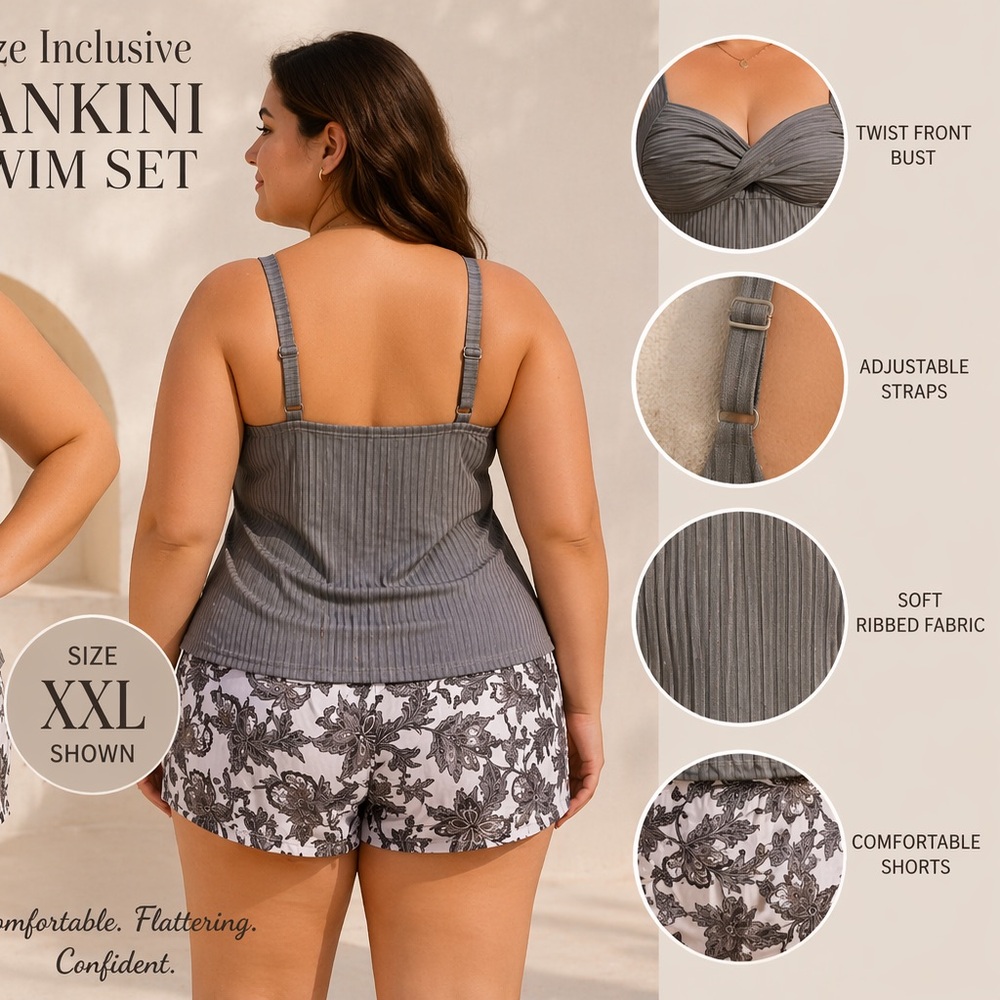Gray Ribbed Tankini Set Twist Front Top Floral Shorts XXL - Picture 2 of 5
